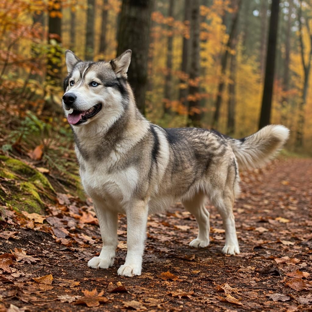 Photo-real young adult siberian husky cross breed dog standing in an autumn forest with soft light and relaxed expression.