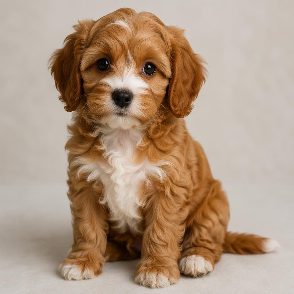 Studio portrait of a relaxed mixed-breed puppy on a soft neutral background with realistic fur and natural light