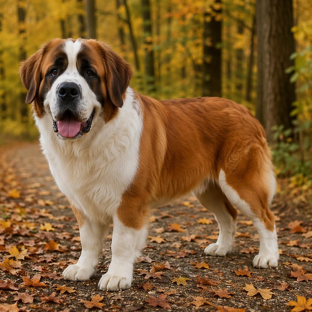 Ein einzelner junger Mischhund mit bernhardinerähnlichem Fell steht entspannt in einem herbstlichen Wald bei weichem Licht.