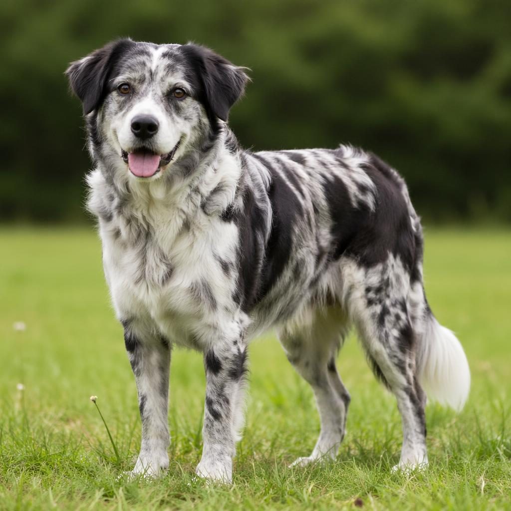 Senior mixed-breed dog with pug and border collie traits standing alone in a grass meadow, relaxed and well groomed.