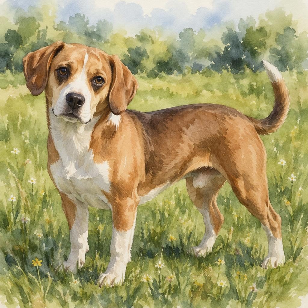 Single friendly hybrid dog in a grass meadow, watercolor style, with realistic fur, soft light, and a relaxed pose