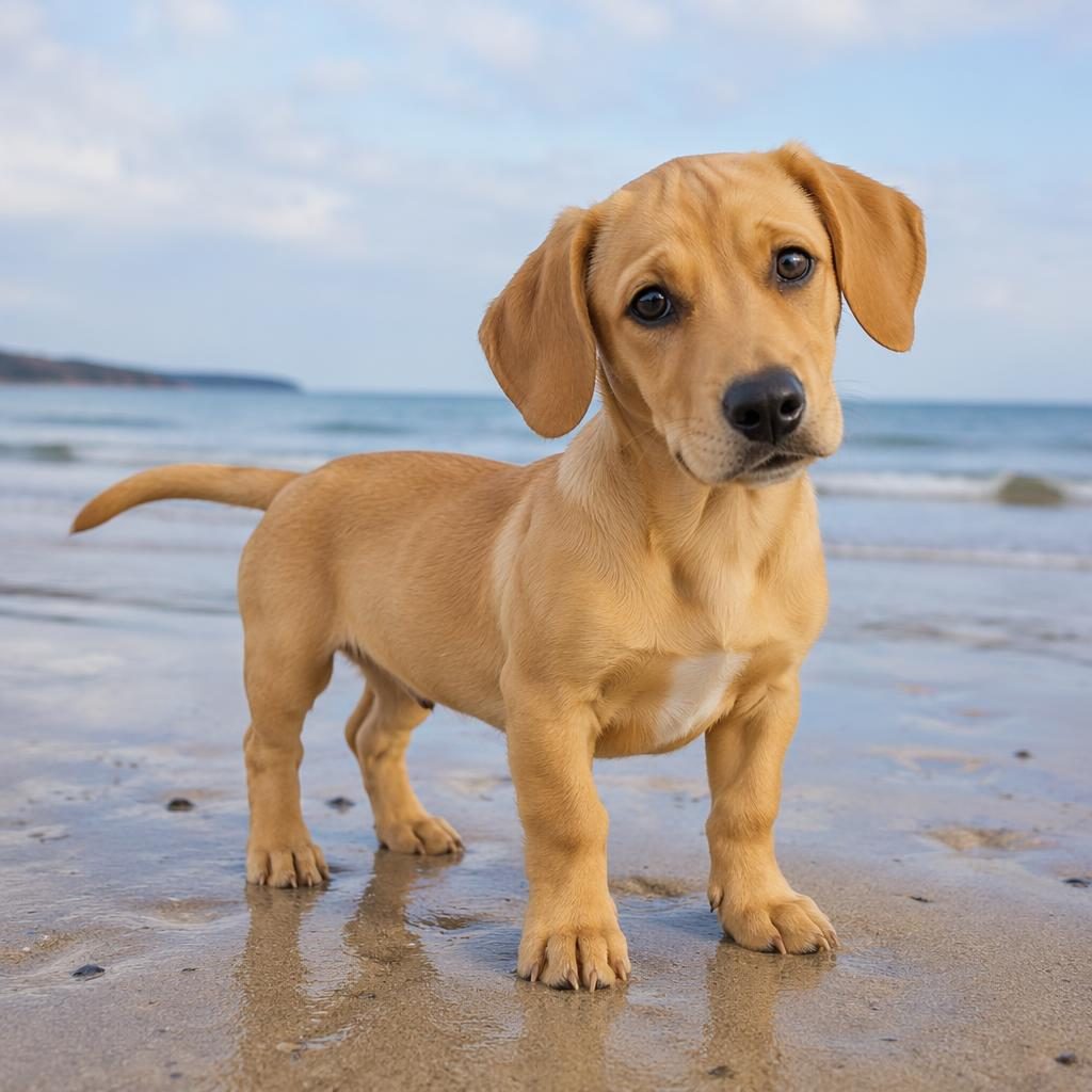 Photo-real puppy dog on a beach with soft golden coat, long ears, relaxed face, and sharp fur detail in natural light.