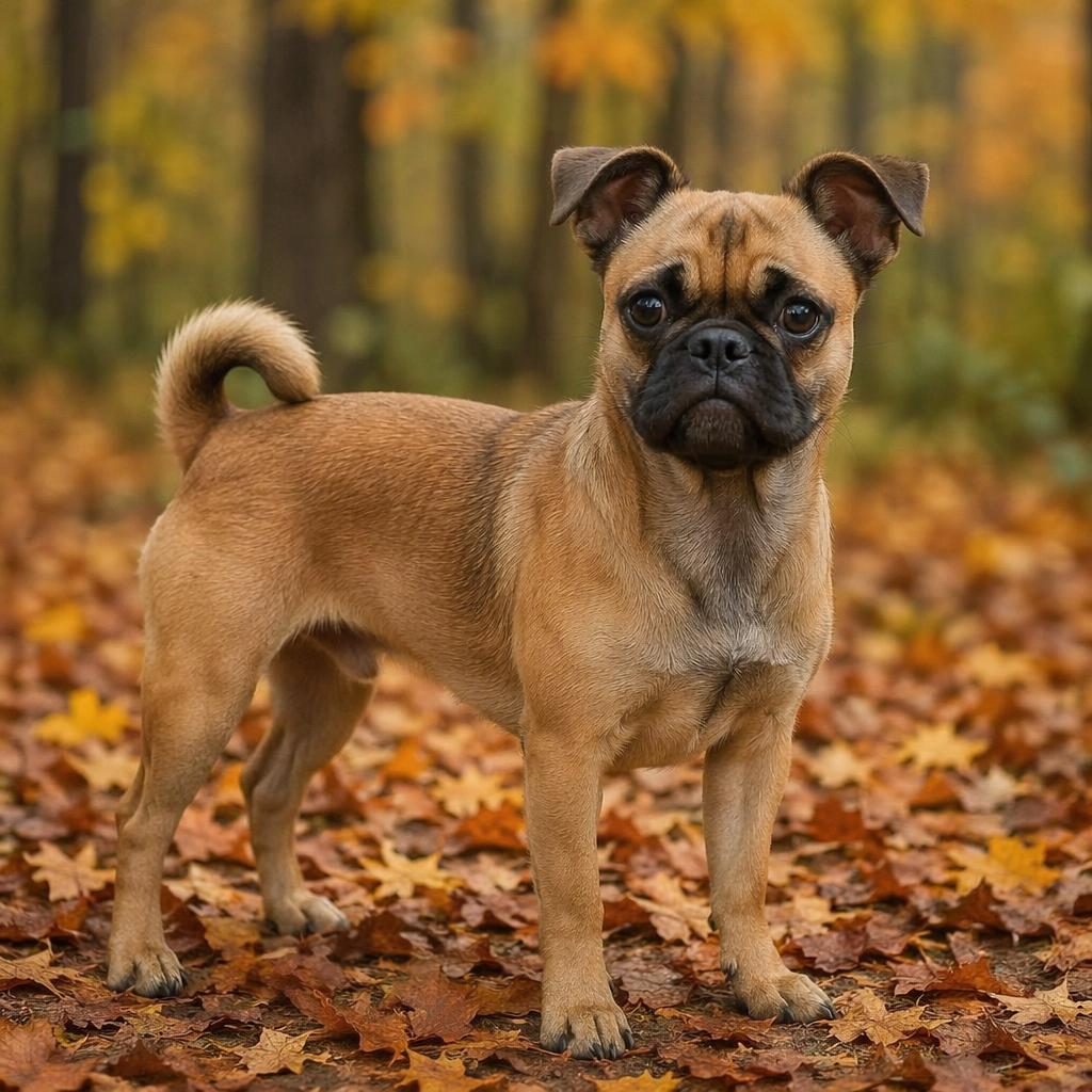 Studio-style portrait of a senior Boxer Chihuahua mix dog in an autumn forest with a relaxed expression and natural blended coat.