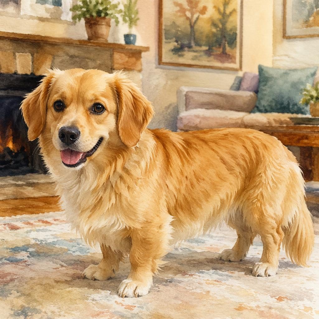 Watercolor-style senior mixed breed dog with spaniel-dachshund traits resting in a cosy living room, soft natural light.