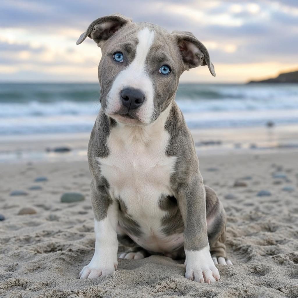 Illustrated husky pit mix puppy standing on a beach with soft natural light, realistic fur, relaxed friendly expression
