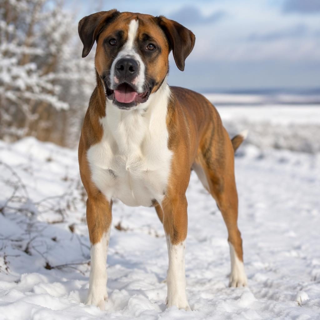 Ein einzelner Akita-Saint-Bernard-Mix mit kurzem selten gefärbtem Fell steht entspannt in einer verschneiten Landschaft.