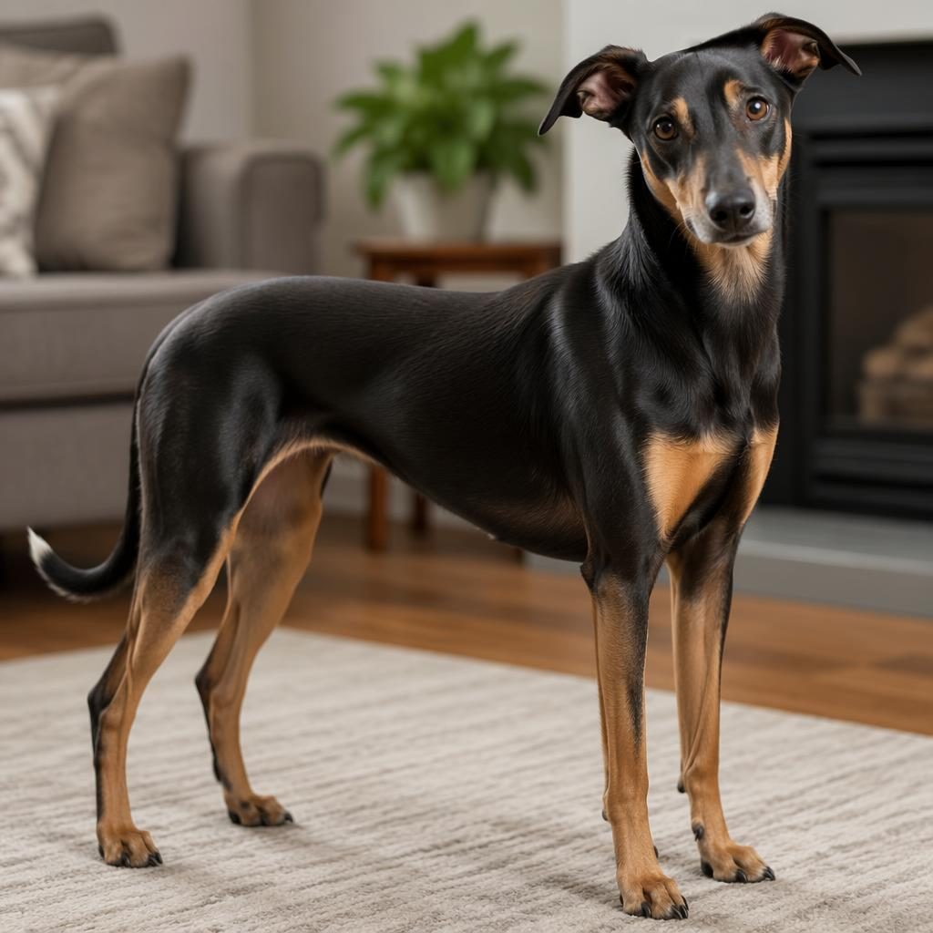 Chien croisé doberman whippet senior, seul dans un salon cosy, pelage lisse, lumière douce, pose détendue.