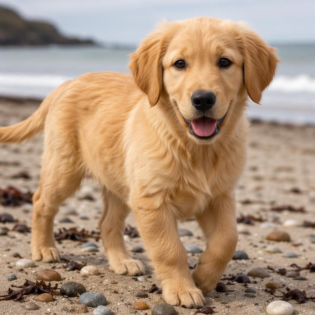 Photoreal goldador puppy standing on a beach, friendly and relaxed, with sharp fur detail and soft natural light.