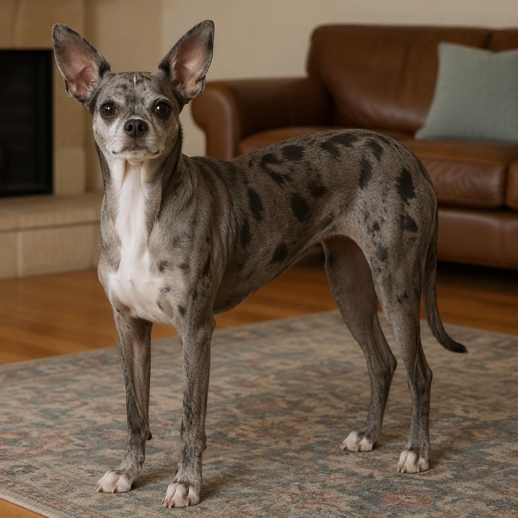 Senior neo daniff dog resting in a cosy living room, realistic mixed-breed features, soft natural light, sharp fur detail