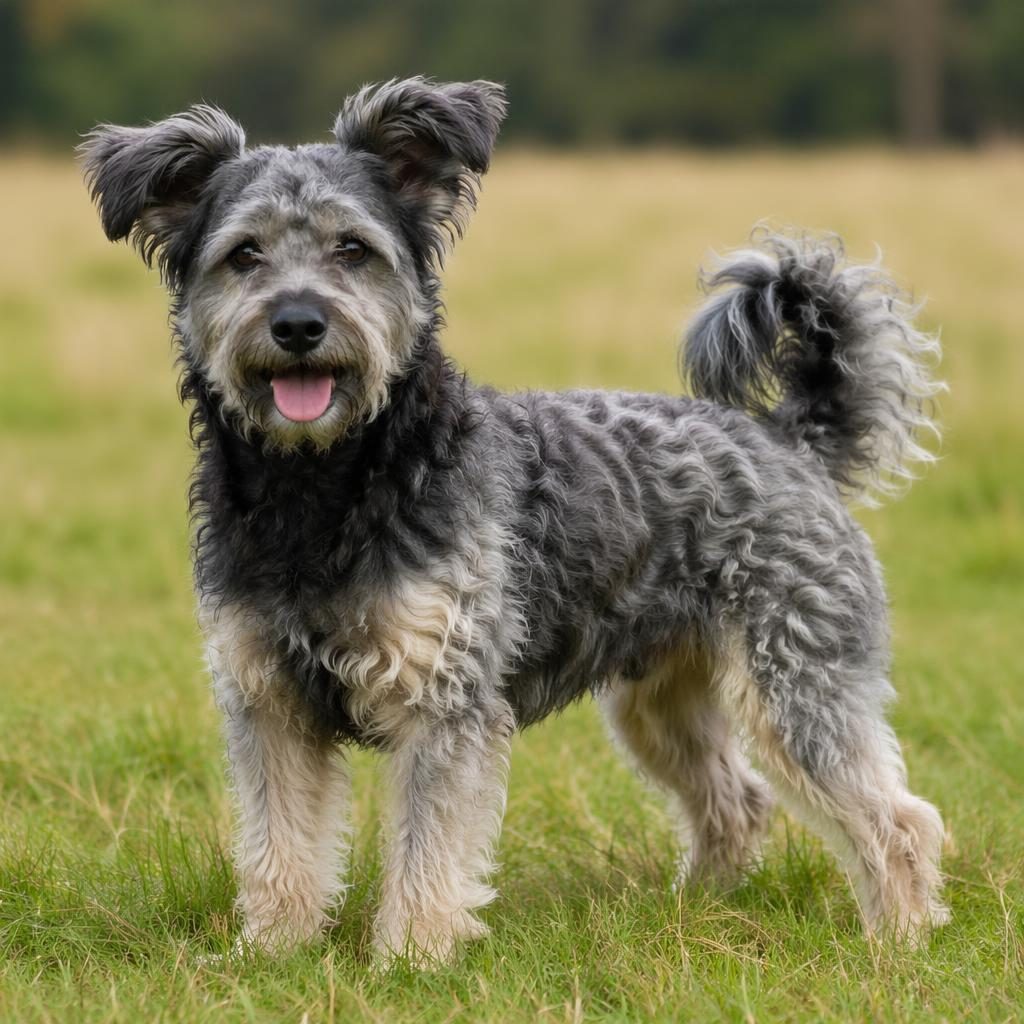 Ein einzelner junger Mischlingshund mit weichem Fell steht entspannt auf einer grünen Wiese im Studio-Look.