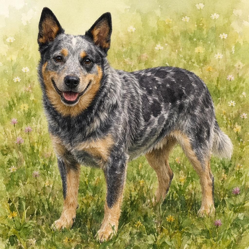Watercolor portrait of a single senior mixed-breed dog standing in a grass meadow with soft light and realistic fur