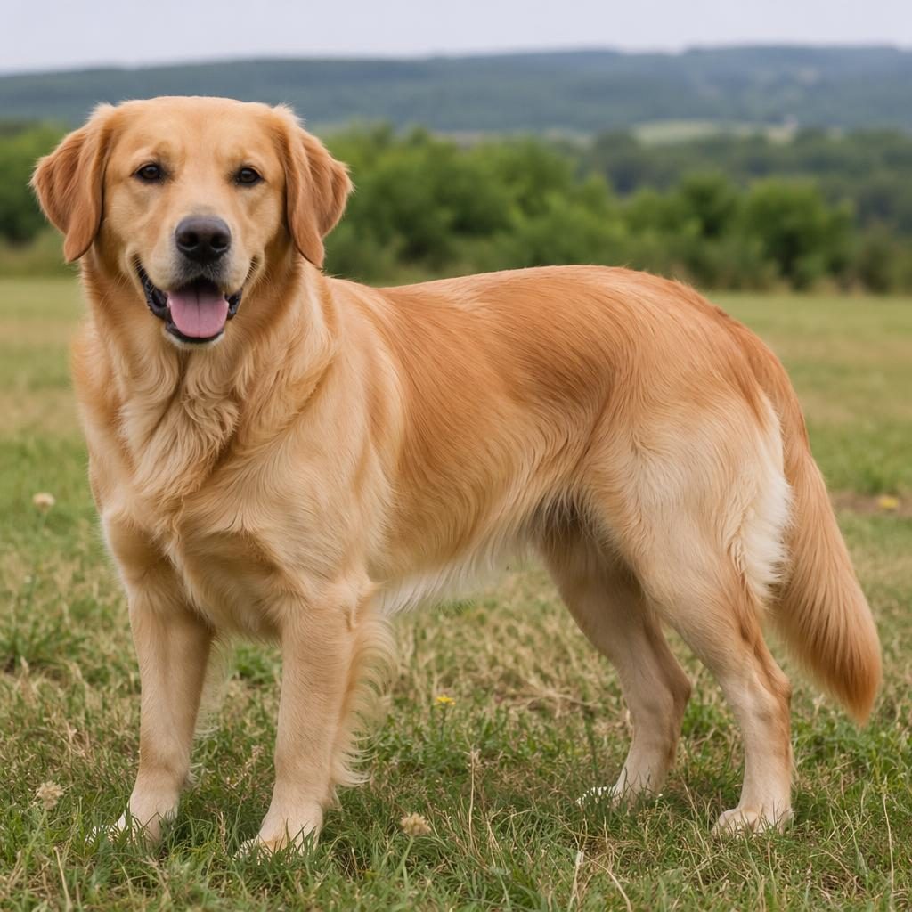 Cão adulto mistura de Labrador e Golden Retriever em pé num prado relvado, com pelagem dourada e expressão suave.