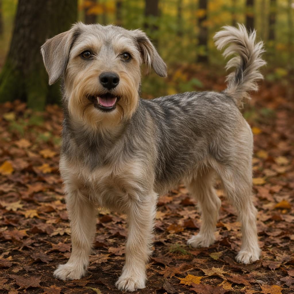 Illustration photoréaliste d’un chien croisé senior seul, détendu, dans une forêt d’automne avec lumière naturelle douce