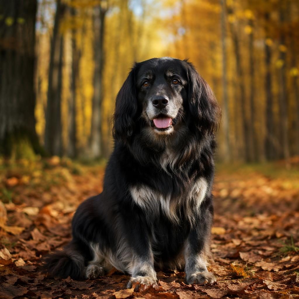 Ein einzelner senioriger Mischlingshund mit weichem Fell sitzt entspannt im herbstlichen Wald, studioartig beleuchtet.