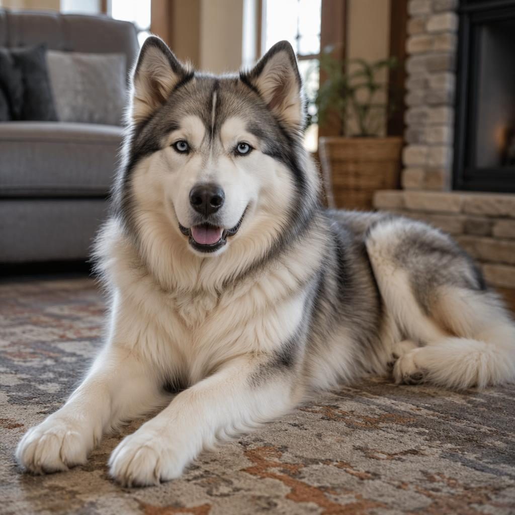 Ilustración realista de un perro mestizo tipo lobo siberiano con samoyedo, mayor, relajado, en salón acogedor.