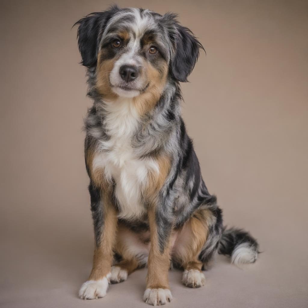 Photo-real terripoo adult dog illustration with unusual coat, relaxed expression, and soft neutral background.