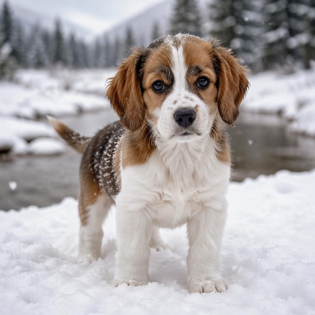 Photoreal Akita Saint Bernard mixed-breed puppy standing in a snowy landscape with fluffy coat and relaxed expression