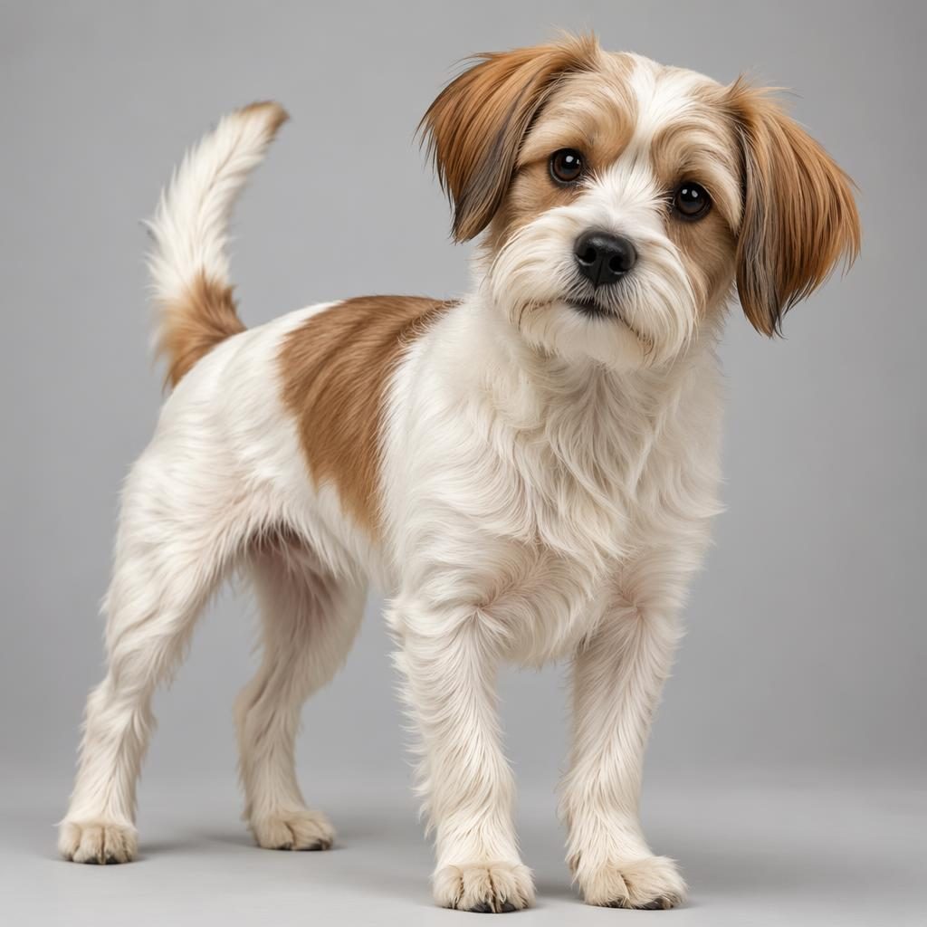 Ein einzelner Shih Tzu-Jack-Russell-Mix als Editorial-Porträt vor neutralem Hintergrund, entspannt, gepflegt, fotorealistisch.