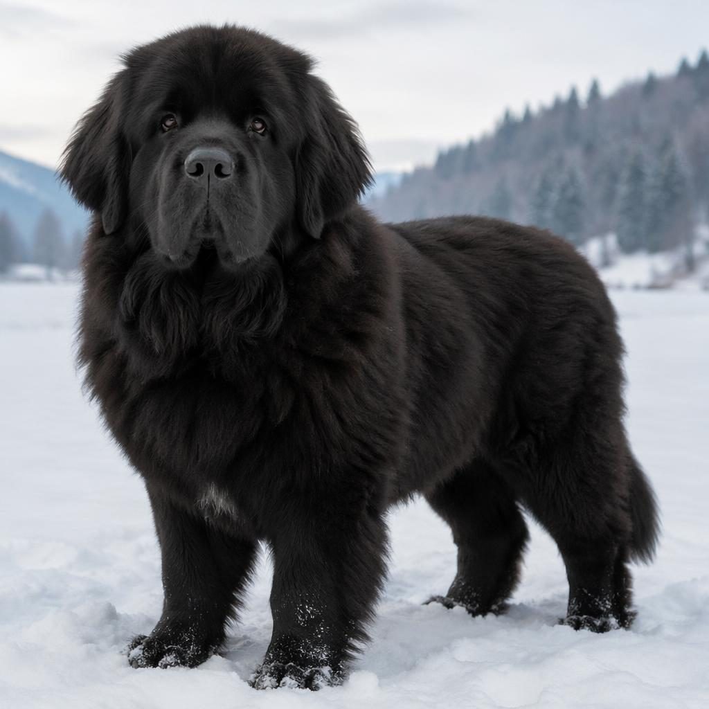 Illustration eines einzelnen freundlichen Welpen im Schnee mit realistischer Fellstruktur, entspanntem Blick und natürlichem Licht.