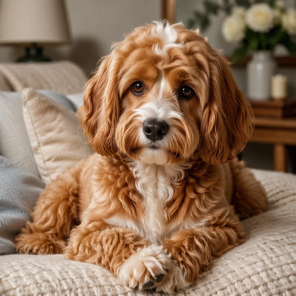 Senior mixed-breed dog in a cosy living room, relaxed and well-groomed, with realistic fur and soft natural light.
