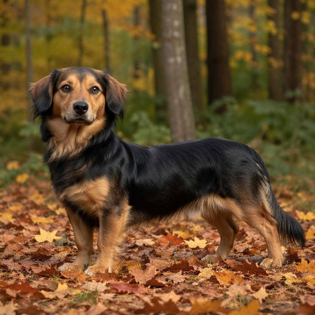 Ein einzelner dackel schäferhund mix als junger Hund im herbstlichen Wald, entspannt, gepflegt und fotorealistisch.