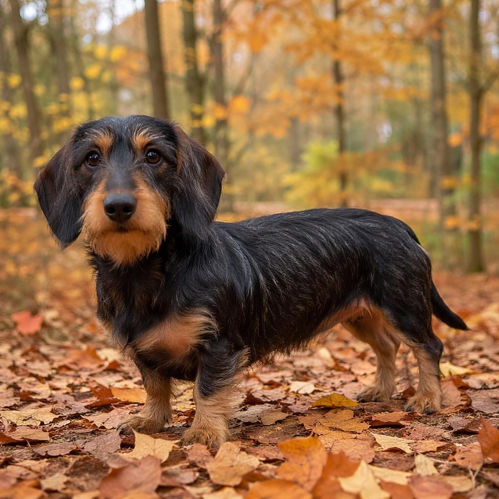 Photoreal beagle dachshund mix dog standing in an autumn forest with soft natural light and a relaxed expression