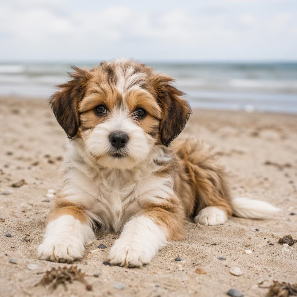 Illustration eines Shih Tzu Jack Russell Welpen am Strand, freundlich, gepflegt, mit weichem Fell und natürlichem Licht.