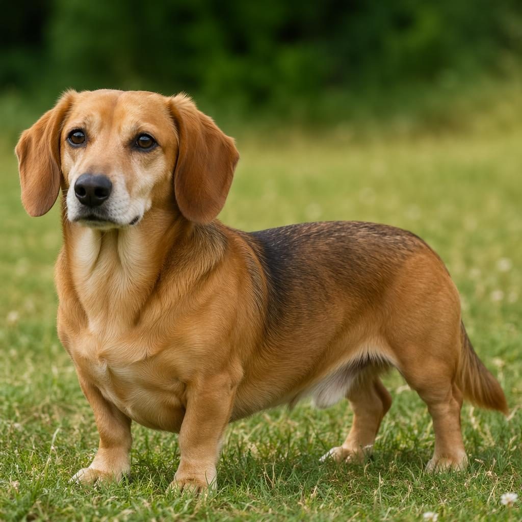 Senior beagle dachshund mix standing in a grassy meadow, relaxed and friendly, with natural light and realistic fur.
