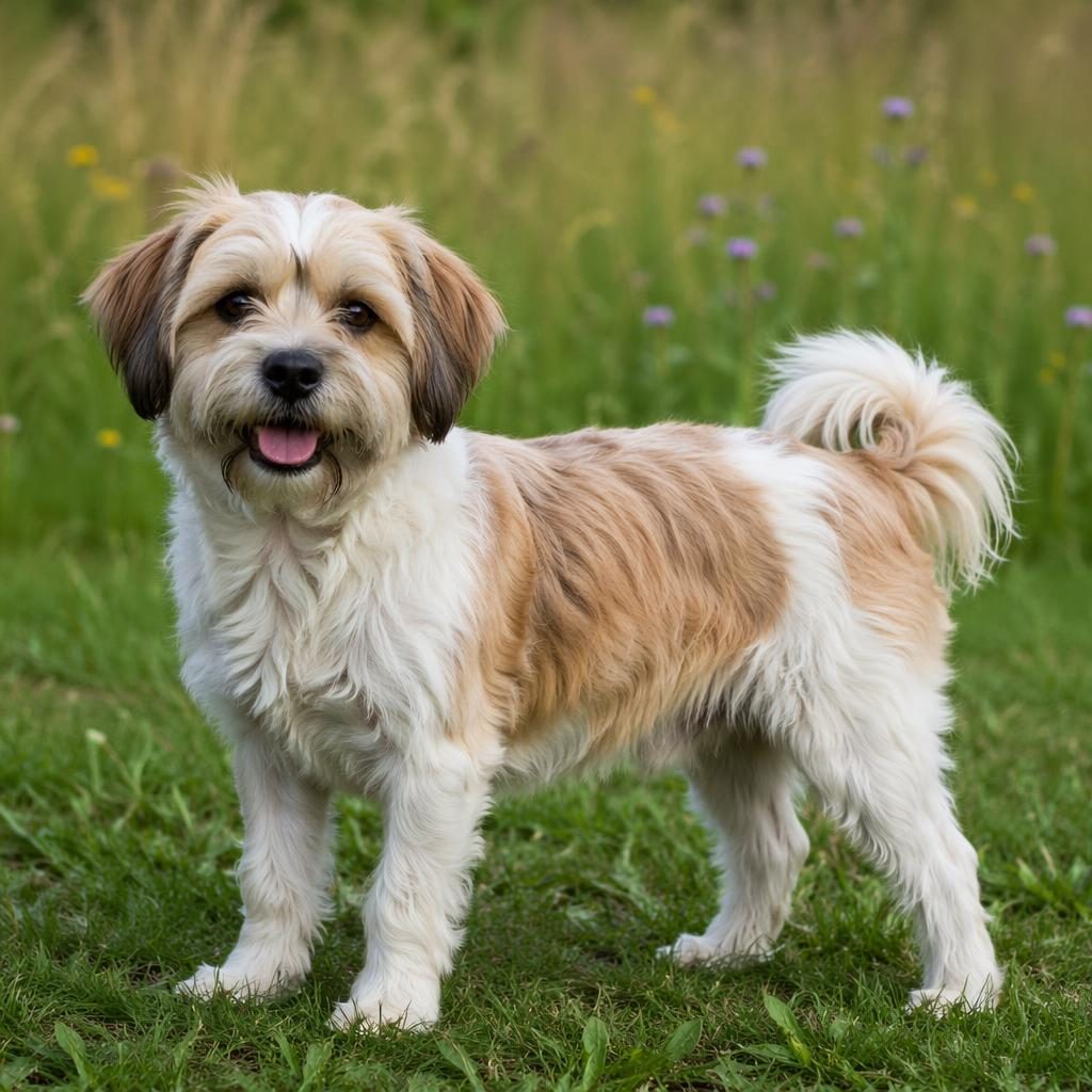 Senior Shih Tzu Jack Russell Mischling auf einer grünen Wiese, freundlich entspannt, weiches Tageslicht