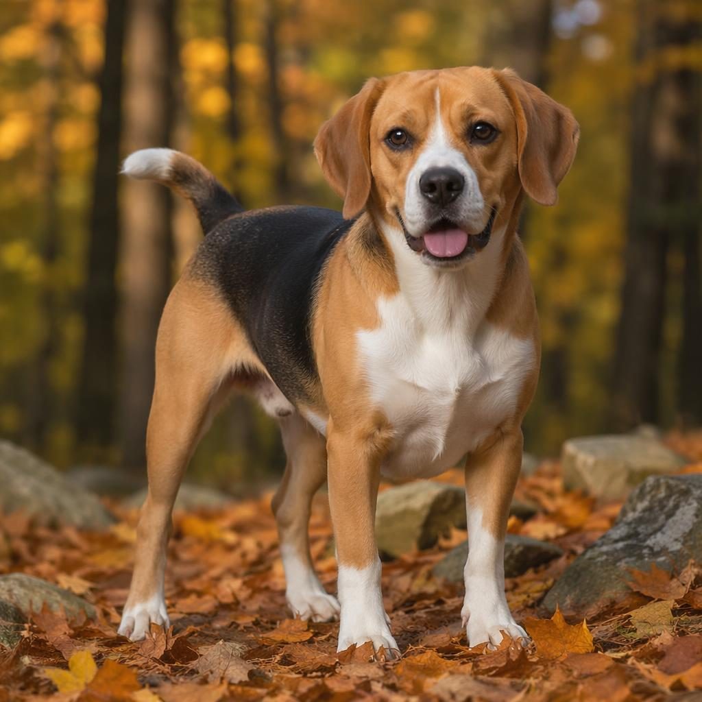 Illustration of a single beagle boxer mix dog standing in an autumn forest with soft light and realistic fur.