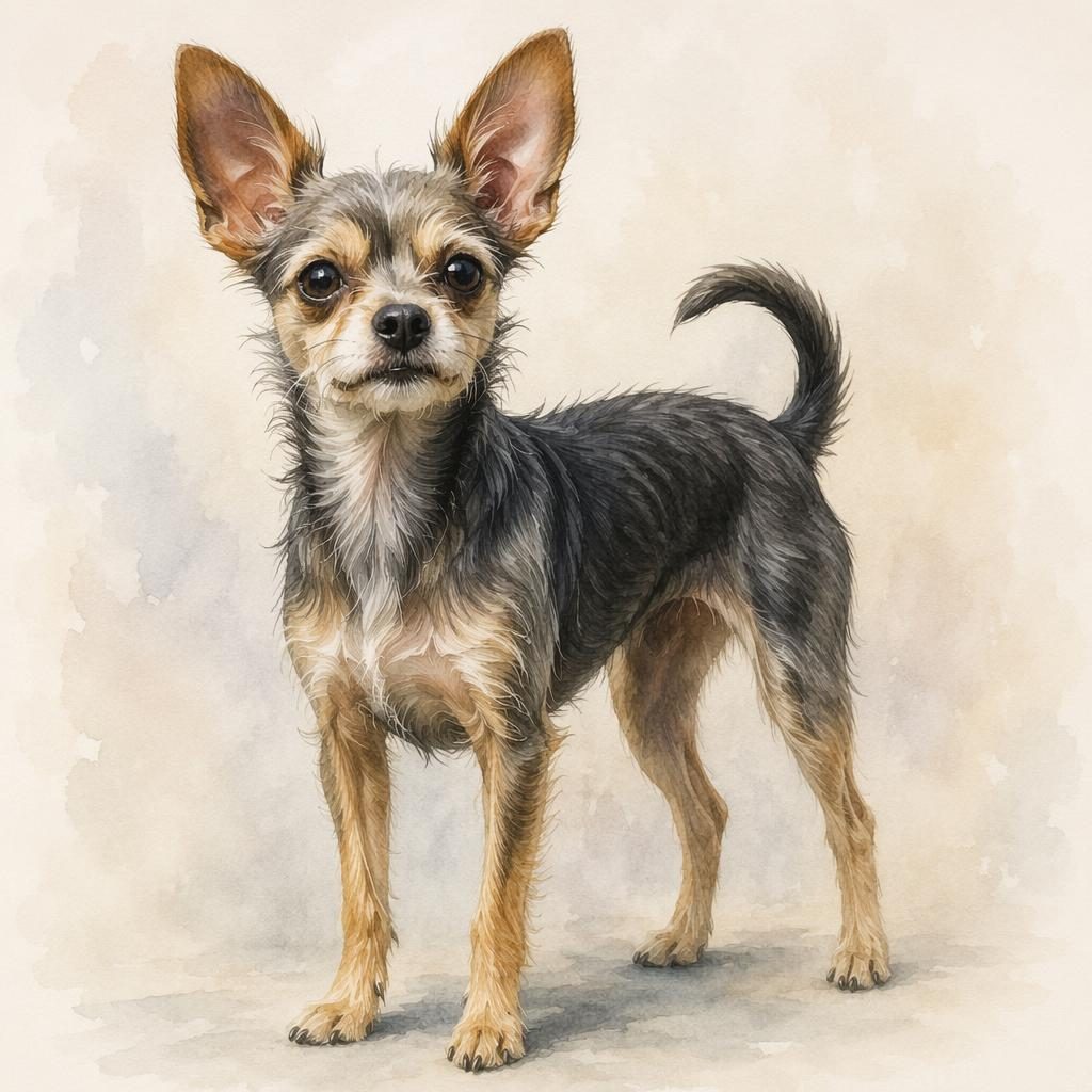 Single adult hybrid dog with wire-haired Chihuahua traits, relaxed pose, neutral background, soft light, realistic fur