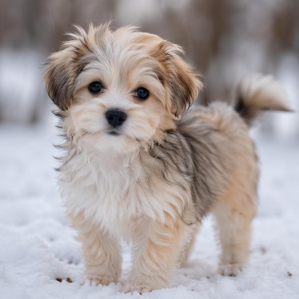 Photoreal puppy resembling a maltese and yorkie mix standing in snow, soft natural light, relaxed expression.