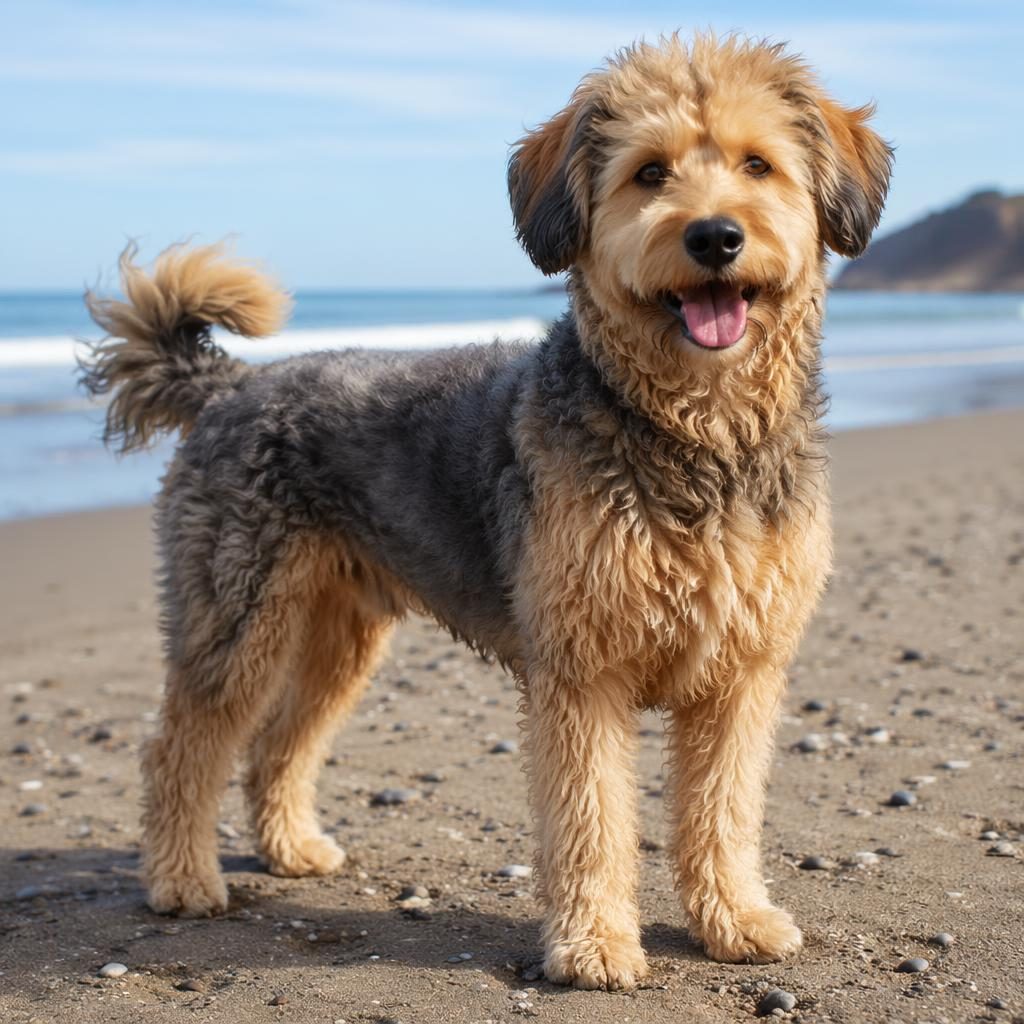 Photoreal single designer chihuahua dog mix standing on a beach, relaxed and friendly, with rare unusual coat and sharp fur detail.