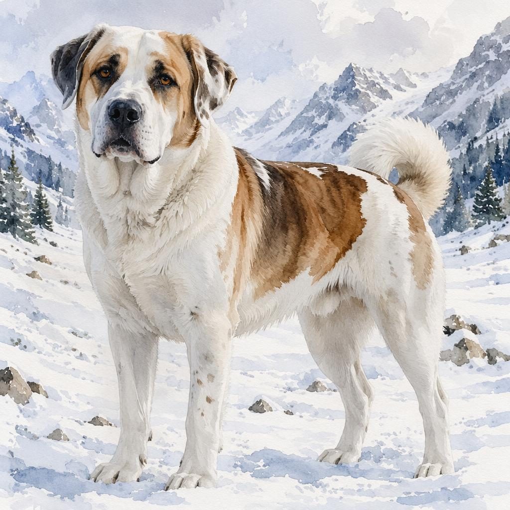 Perro mestizo adulto estilo acuarela en paisaje nevado, expresión amigable, pelaje raro y aspecto saludable.