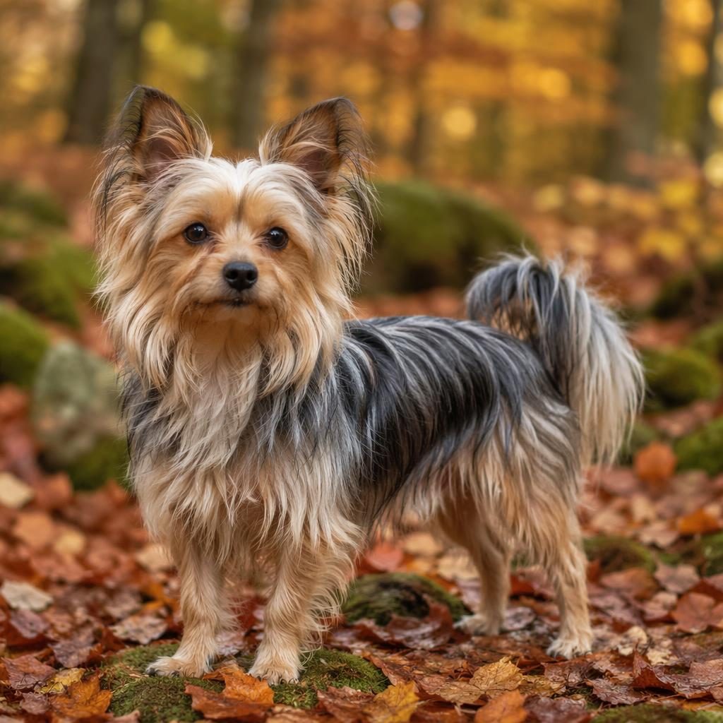 Chien senior seul, style studio, pelage long réaliste, expression douce, en forêt d’automne avec lumière naturelle