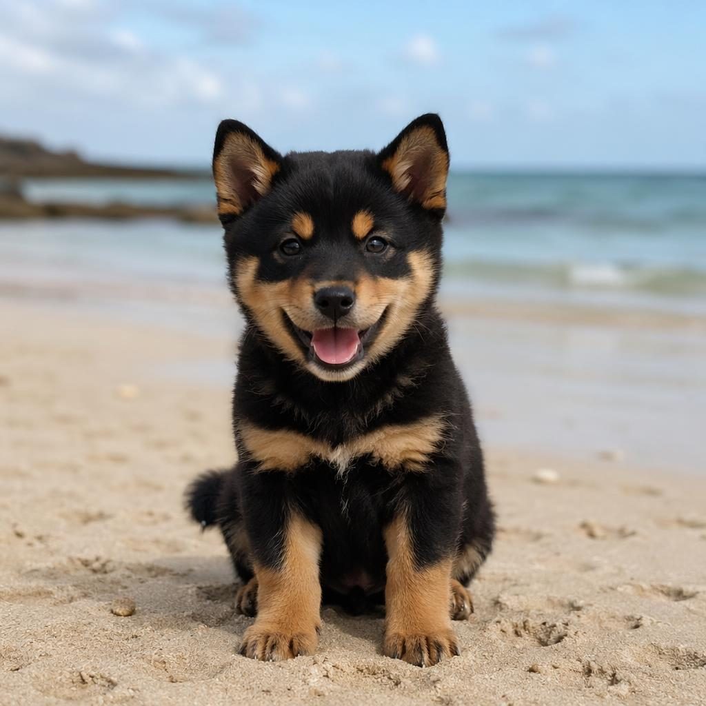 Štěně křížence rottweilera a shiba inu na pláži, v editoriálním portrétu, s jemným světlem a ostrou srstí.