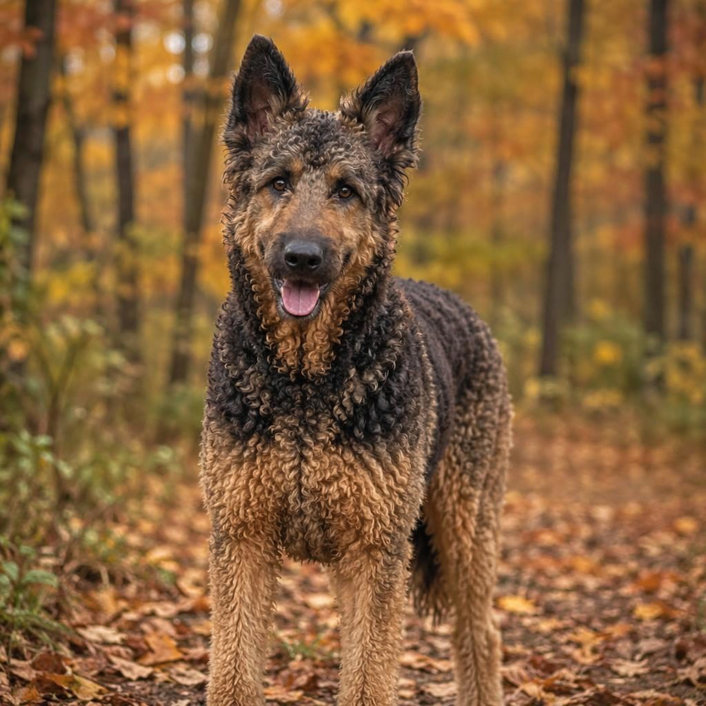 Single senior mixed-breed dog with poodle-influenced features standing in an autumn forest, soft natural light