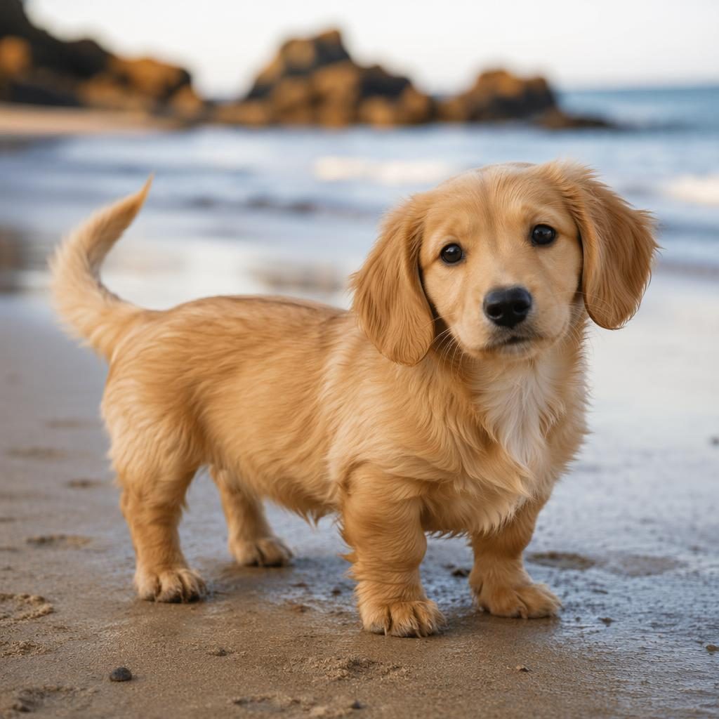 A single doxie mix puppy with golden retriever traits stands on a beach in soft natural light.