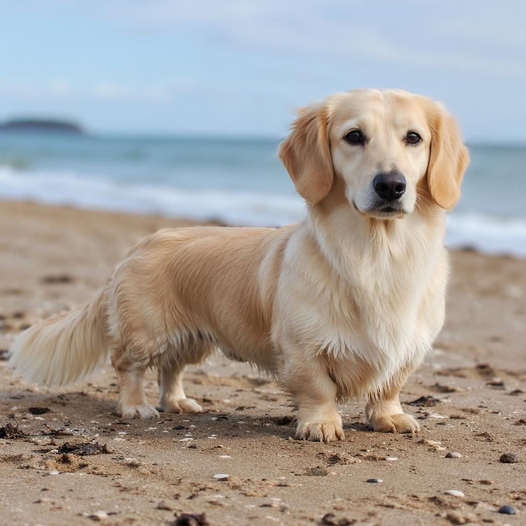 Ein einzelner erwachsener Dackel-Golden-Retriever-Mix mit seltenem Fell entspannt am Strand bei weichem Licht.