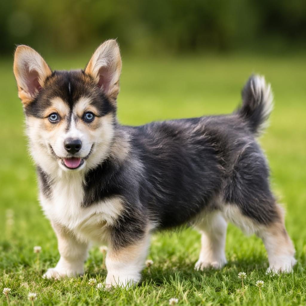 Single realistic mixed-breed dog in a grass meadow, friendly and relaxed, with soft light and detailed fur.