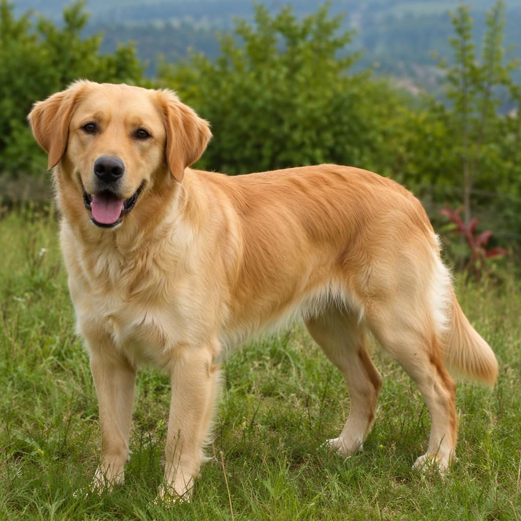 Erwachsener mischling hund, Golden Retriever Labrador Mix, steht in einer Graswiese bei weichem Tageslicht.