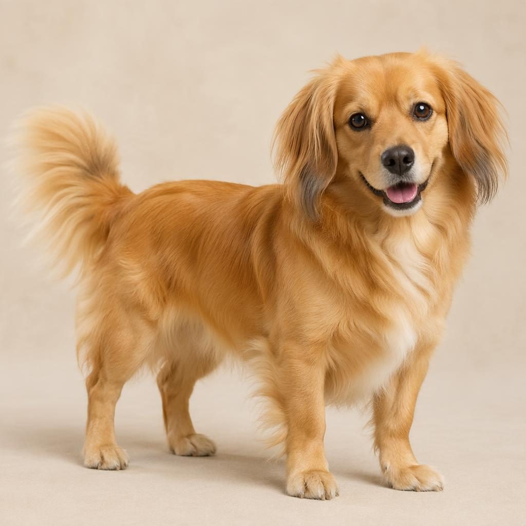 Photo-real illustration of a single adult Golden Retriever and Pomeranian mix dog on a soft neutral background.