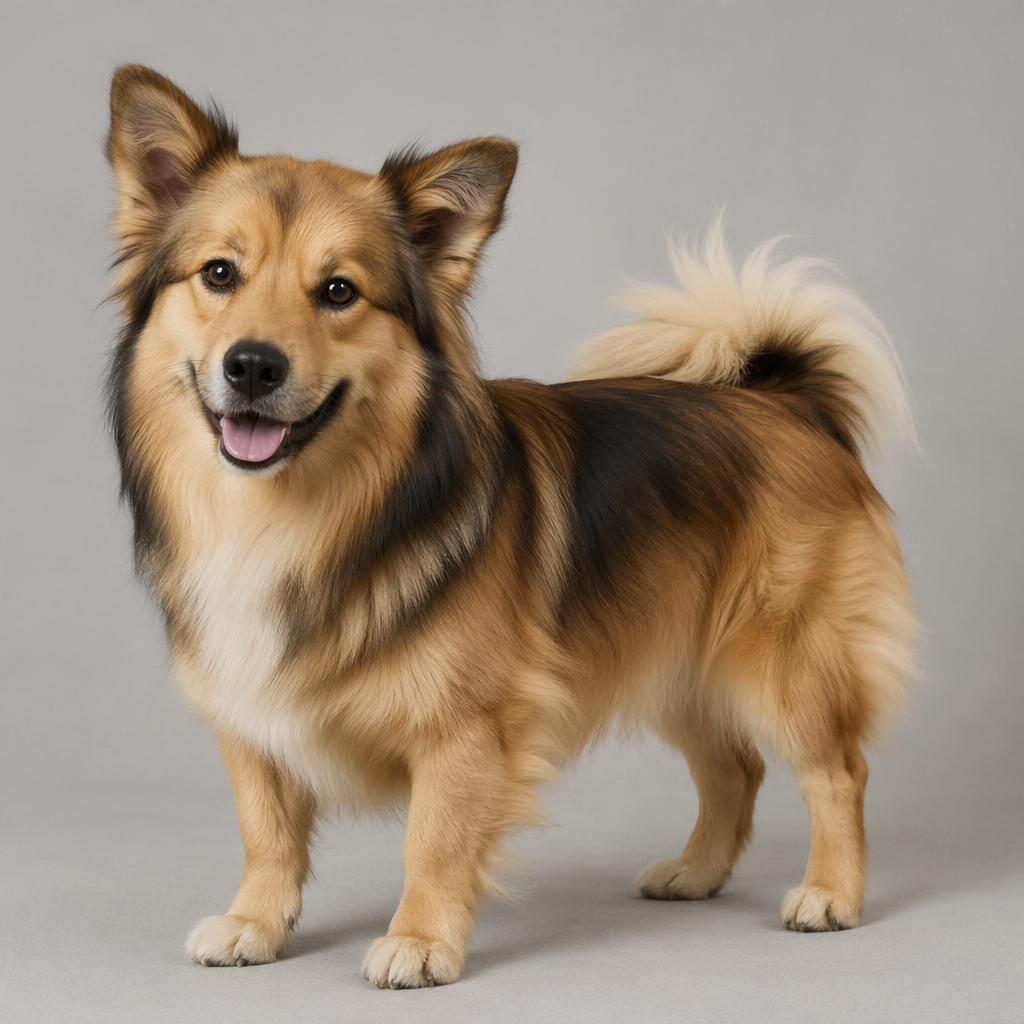 Ein einzelner erwachsener finnischer lapphund mischling mit goldenem Fell vor weichem neutralem Hintergrund.