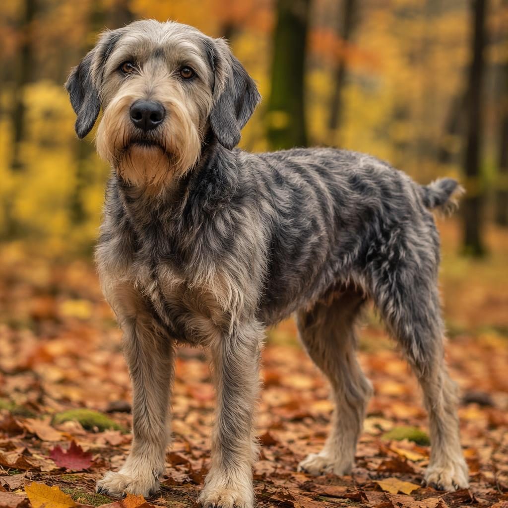 Illustrated senior mixed-breed dog with a relaxed expression in an autumn forest, soft light and realistic fur detail.
