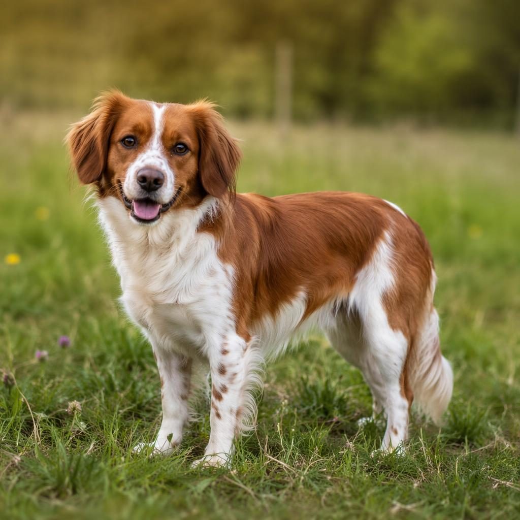 Ein einzelner senioriger zwergspaniel mix sitzt entspannt auf einer grünen Wiese im Studio bei weichem Licht.