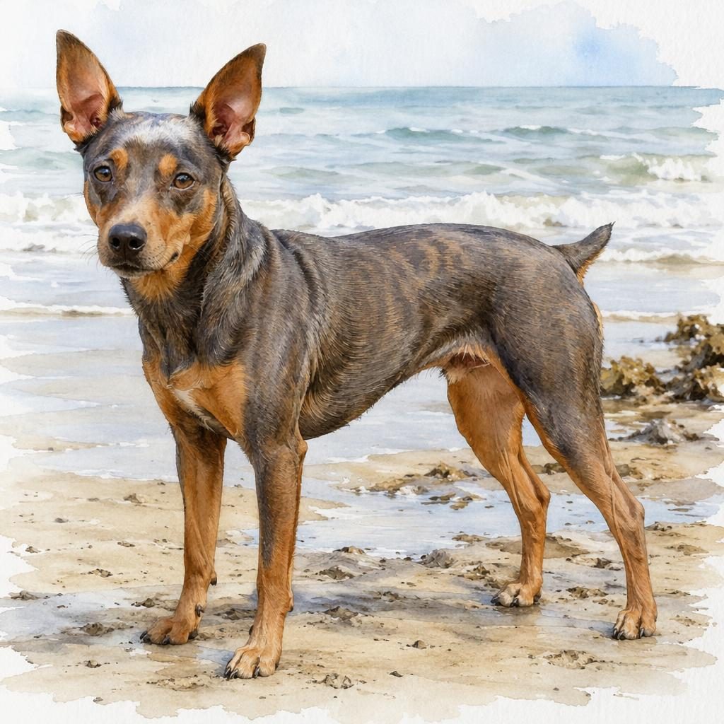 Ein einzelner freundlicher zwergpinscher mix im Aquarellstil am Strand, mit realistischer Fellstruktur und weichem Licht.