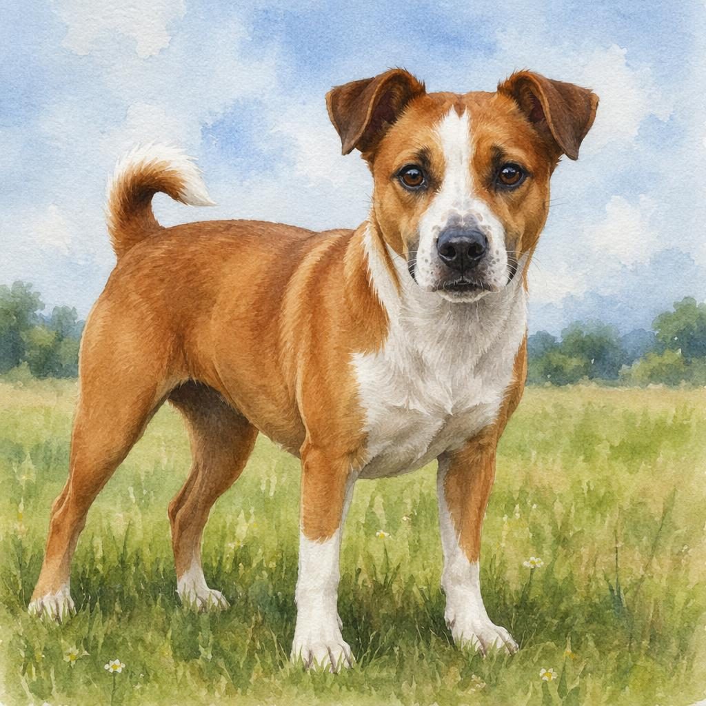 Watercolor-style senior hybrid dog blending Jack Russell Terrier and Shiba Inu traits, standing in a grass meadow.