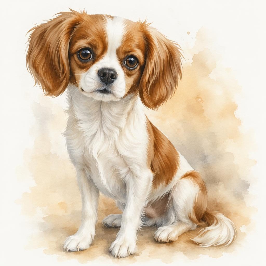 Chien adulte seul en style aquarelle, expression détendue, fond neutre doux, pelage réaliste et bien soigné.