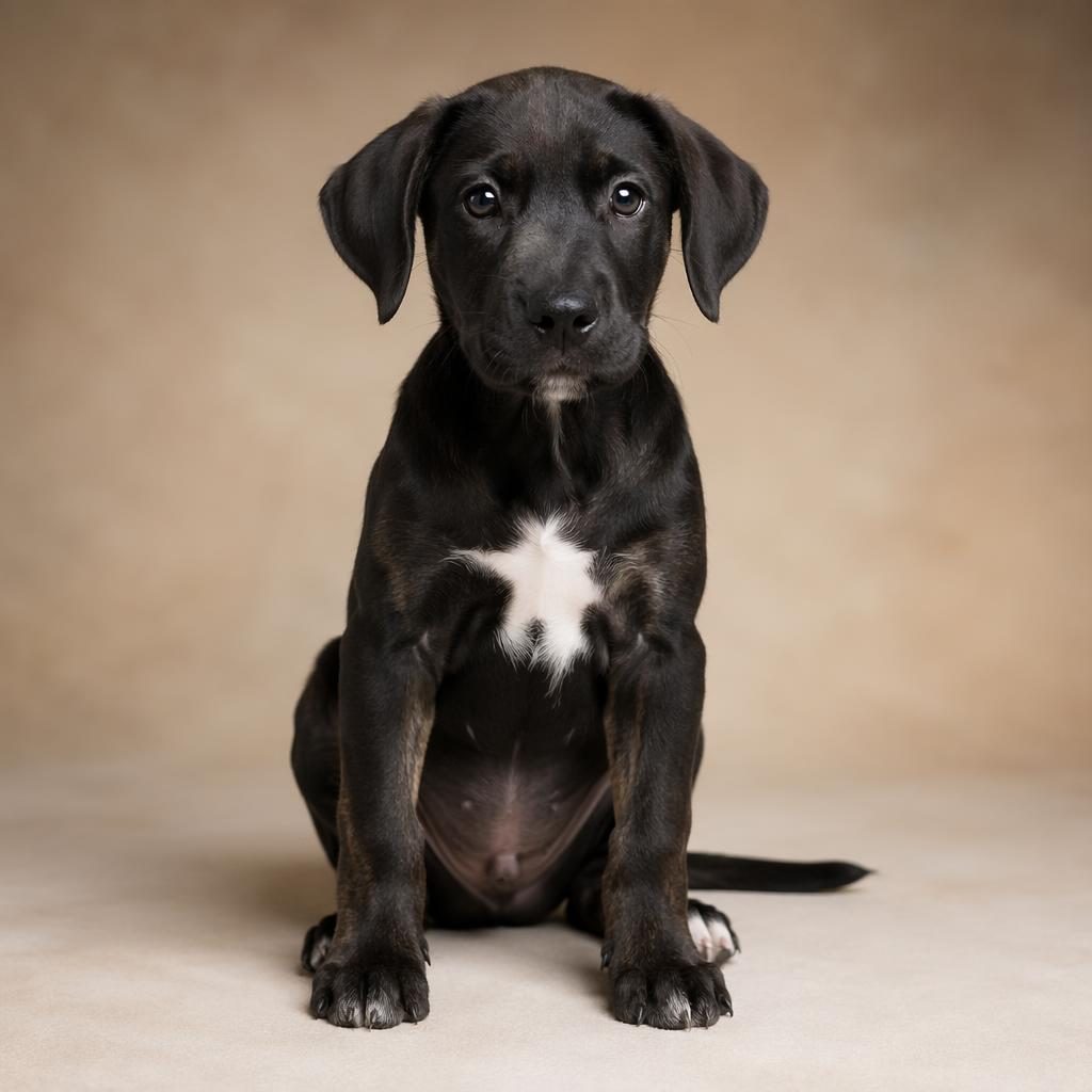Editorial portrait of a relaxed puppy with a sleek dark coat, long snout, and soft neutral studio background.