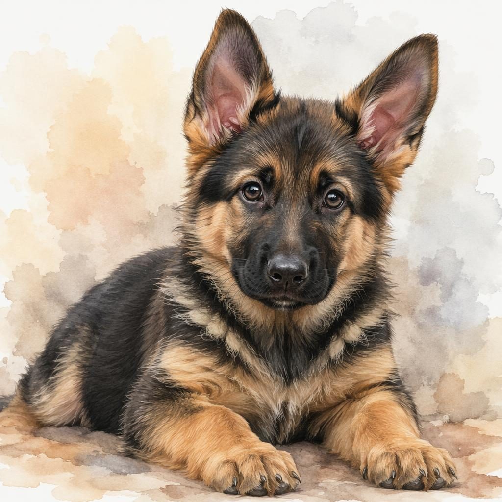 Watercolor portrait of a single relaxed hybrid dog with soft neutral background, unusual coat, and realistic fur detail.